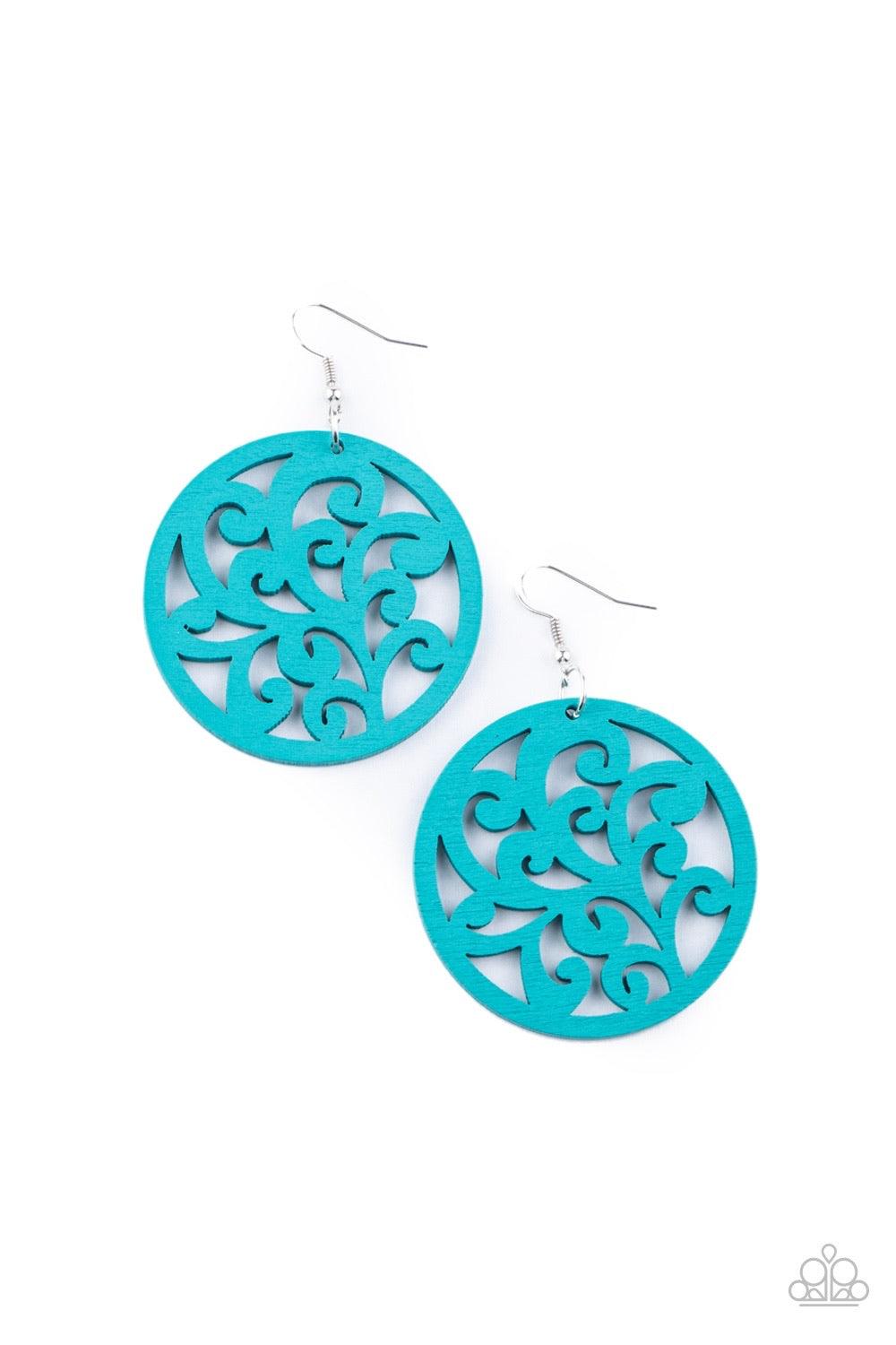 Paparazzi Accessories Fresh Off The Vine - Blue Stenciled in vine-like filigree, a refreshing blue wooden frame swings from the ear for an earthy look. Earring attaches to a standard fishhook fitting. Sold as one pair of earrings. Jewelry