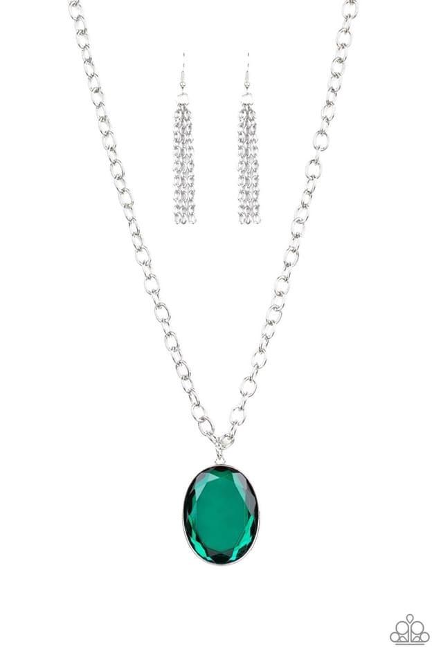 Paparazzi Accessories Light As HEIR - Green Featuring a sleek silver frame, an oversized oval gem swings below the collar for a dramatically glamorous look. Features an adjustable clasp closure. Jewelry