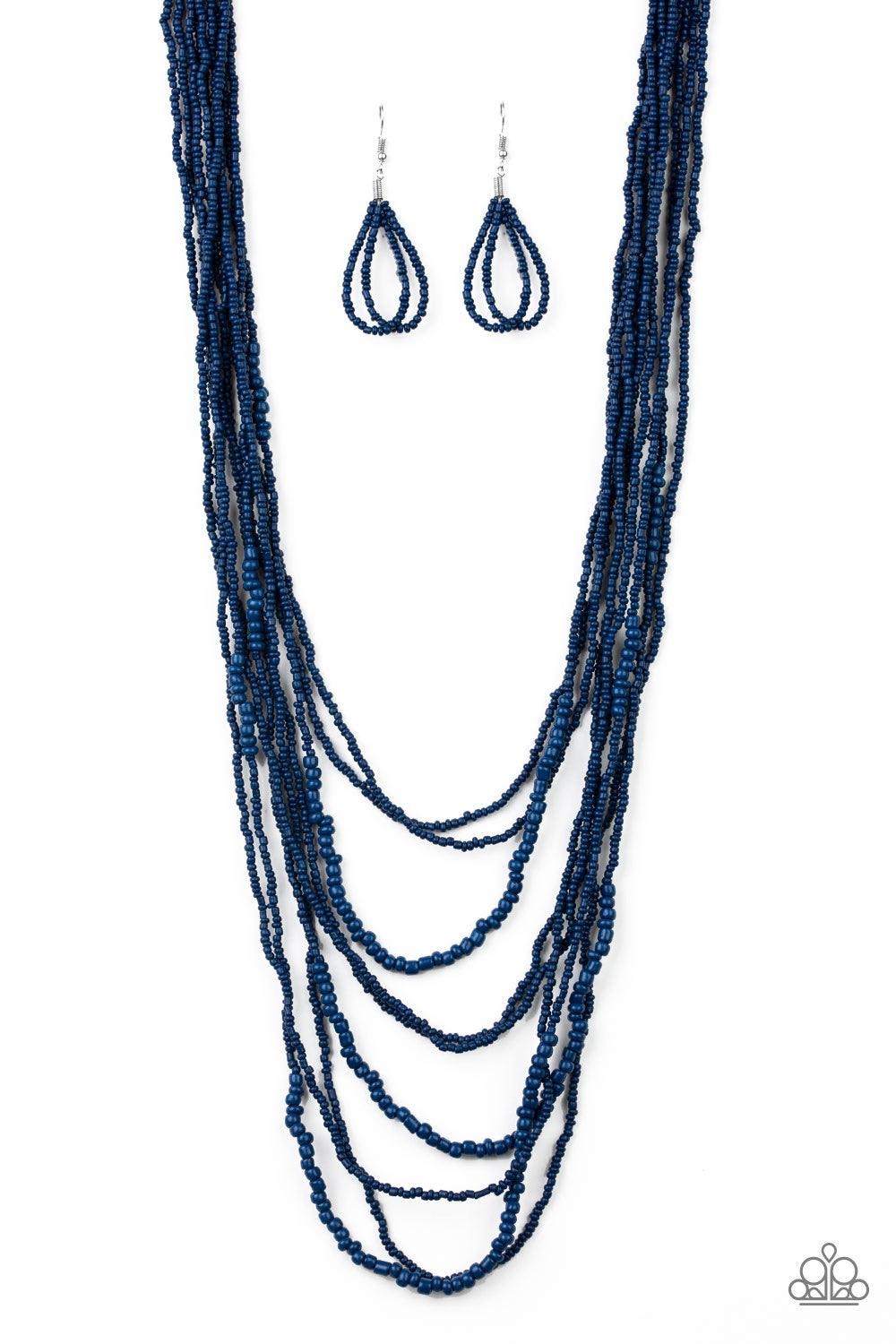 Paparazzi Accessories Totally Tonga - Blue Varying in size, row after row of shiny blue seed beads cascade down the chest, creating summery layers. Features an adjustable clasp closure. Jewelry