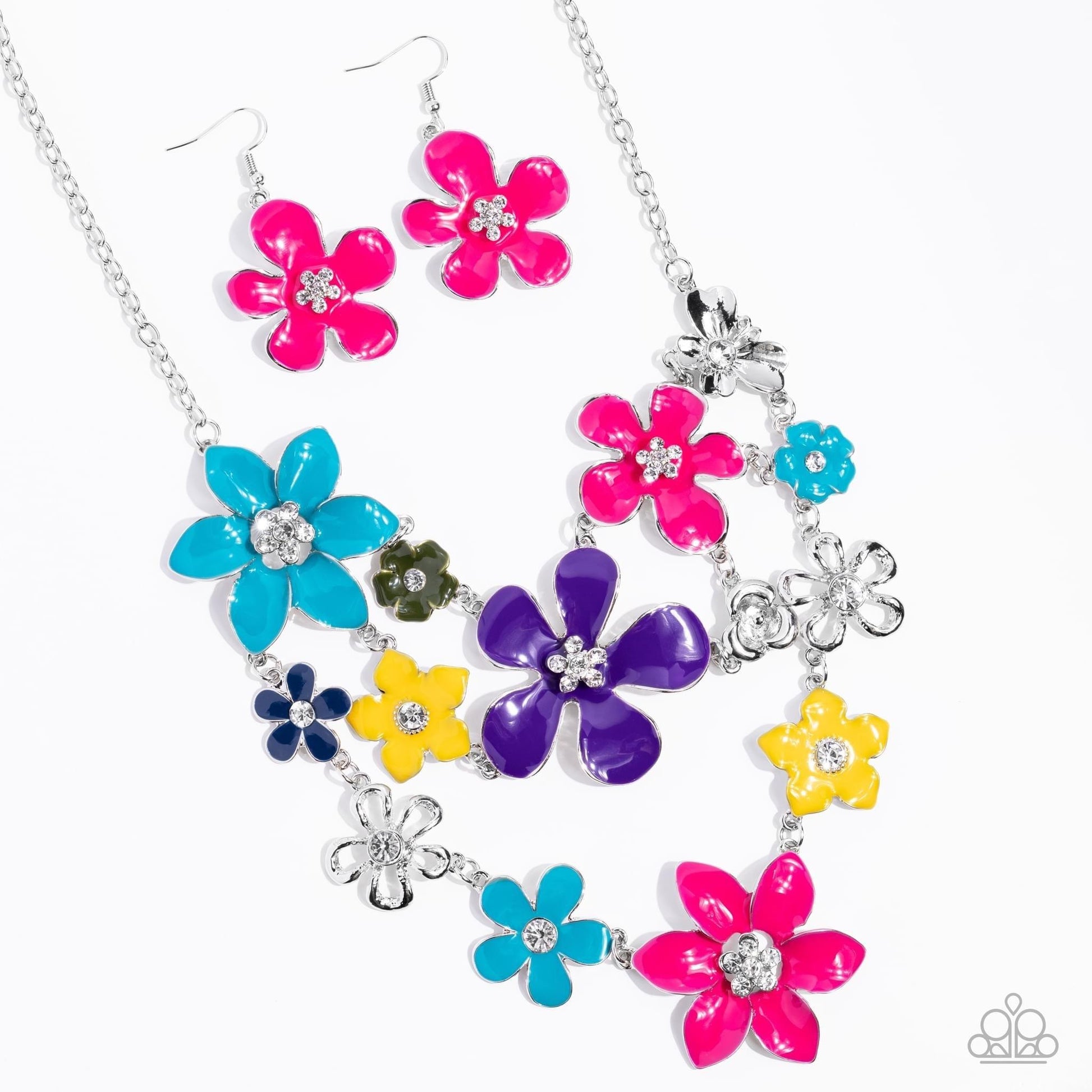Paparazzi Accessories Zi Collection Necklace 2013 - Multi Painted in vivacious shades of blue, pink, purple, and yellow, a collection of colorful and plain silver floral-shaped frames bloom below the collar in three vivacious rows. Dainty white rhinestone