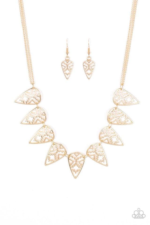 Paparazzi Accessories Triassic Triumph ~Gold Suspended from double-stranded gold chains, airy tribal frames link below the collar in an indigenous inspired fashion. Features an adjustable clasp closure. Sold as one individual necklace. Includes one pair o