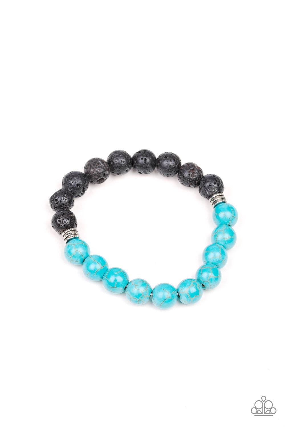 Paparazzi Accessories Destiny Blue - Blue A collection of dainty silver accents, black lava rock beads, and refreshing turquoise stones are threaded along a stretchy band around the wrist for a seasonal style. Jewelry