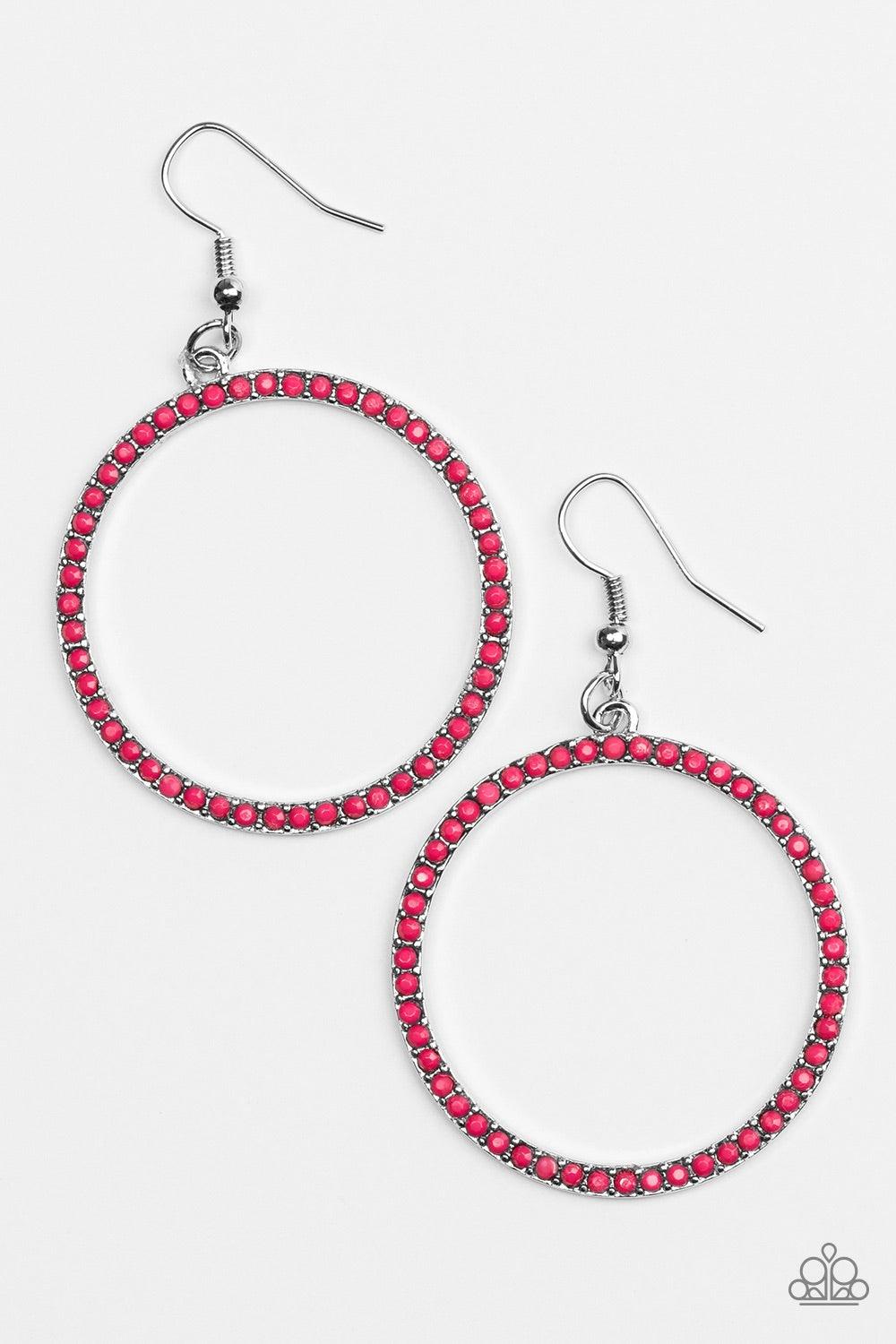 Paparazzi Accessories Spring Party - Pink Dainty pink beads are encrusted along a shimmery silver hoop for a perfect pop of seasonal color. Earring attaches to a standard fishhook fitting. Jewelry