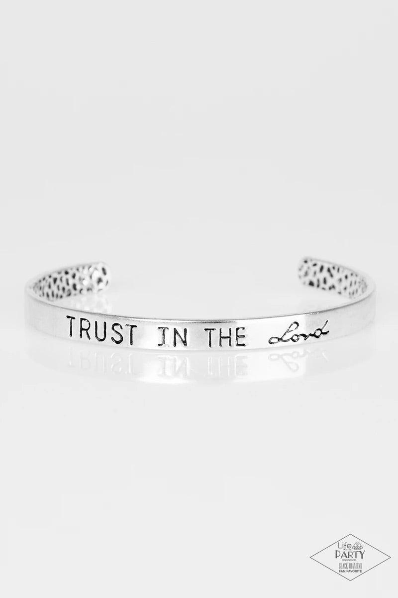 Paparazzi Accessories I Put My Trust In You - Silver A dainty silver cuff is stamped in the phrase "Trust in the Lord" for an inspiring finish. Sold as one individual bracelet. Jewelry