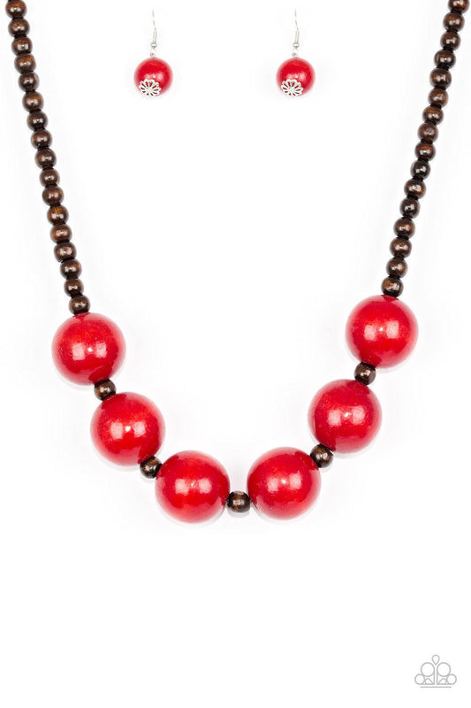 Paparazzi Accessories Oh My Miami - Red Brown wooden beads are threaded along shiny brown cording. Brushed in a vivacious finish, dramatic red wooden beads alternate below the collar for a bold summer look. Features a button loop closure. Jewelry