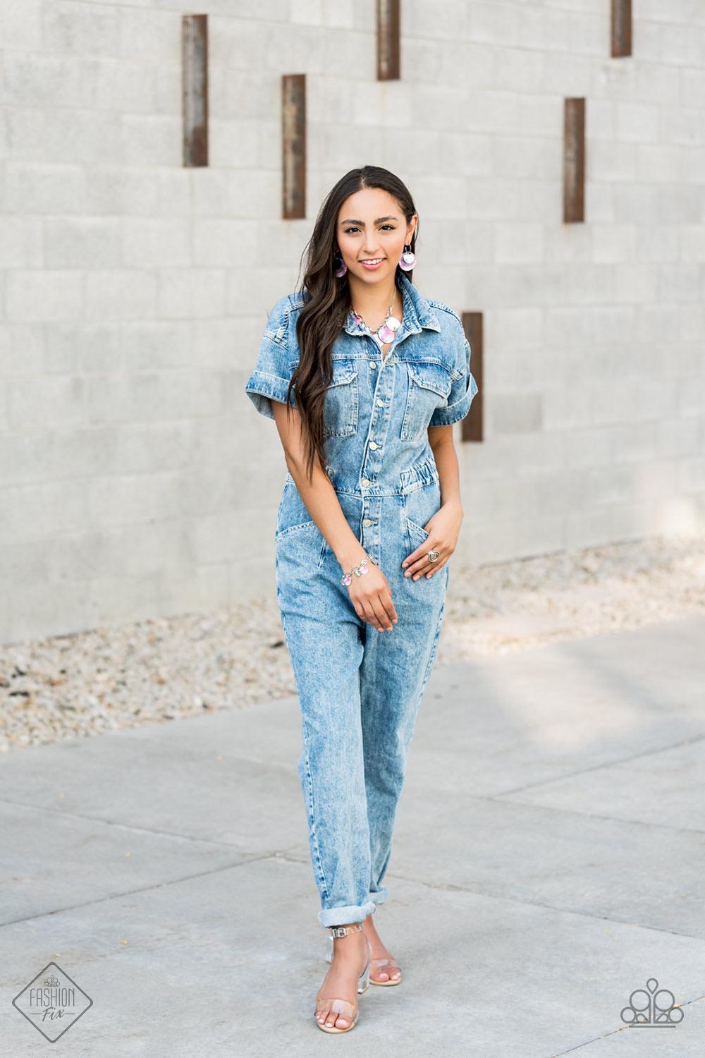 Paparazzi Accessories Tie Dye Drama ~Multi Featuring a galactic tie dye print, flat colorful discs swirled in tones of blue and purple combine with curved silver discs, swinging from the bottom of a bulky silver chain for a trendy throwback look. Features