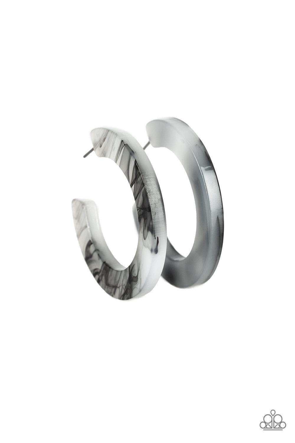 Paparazzi Accessories Oceanside Oasis - Black Featuring a smoky black finish, an opaque hoop curls around the ear for a colorfully retro look. Earring attaches to a standard post fitting. Hoop measures 1 3/4" in diameter. Sold as one pair of hoop earrings