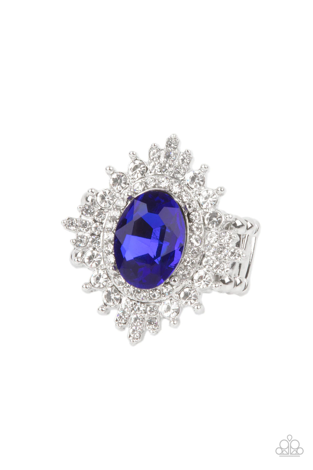 Paparazzi Accessories Five Star Stunner - Blue White rhinestone encrusted silver petals bloom out of an oversized French Blue oval gem bordered in an extra ring of white rhinestones, creating a glamorous floral centerpiece atop the finger. Features a stre