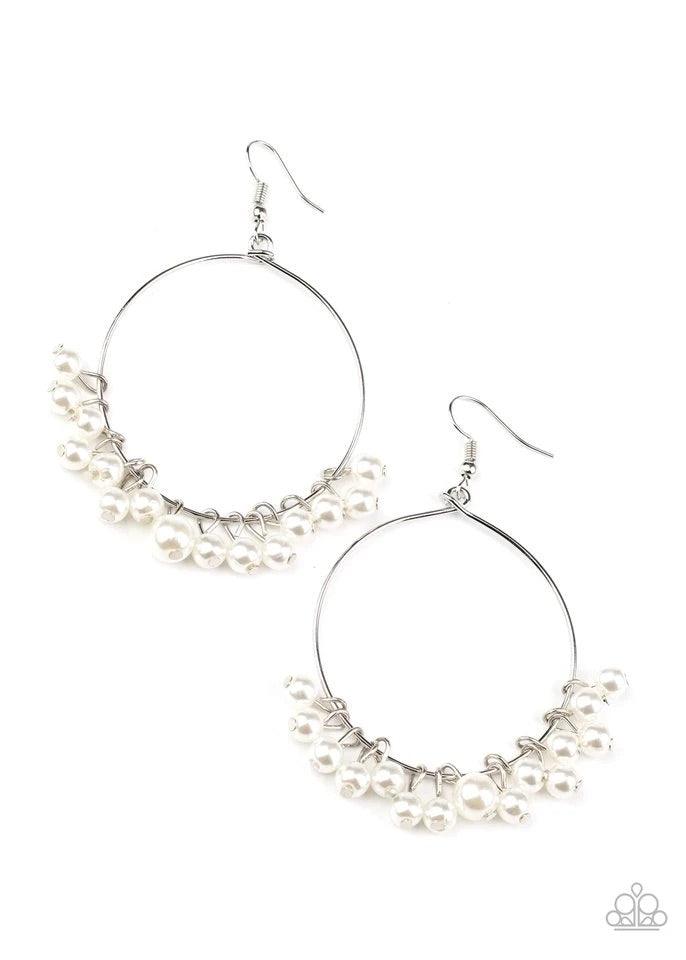 Paparazzi Accessories Things Are Looking UPSCALE - White Bubbly white pearls swing from the bottom of a dainty silver hoop, creating a refined fringe. Earring attaches to a standard fishhook fitting. Jewelry
