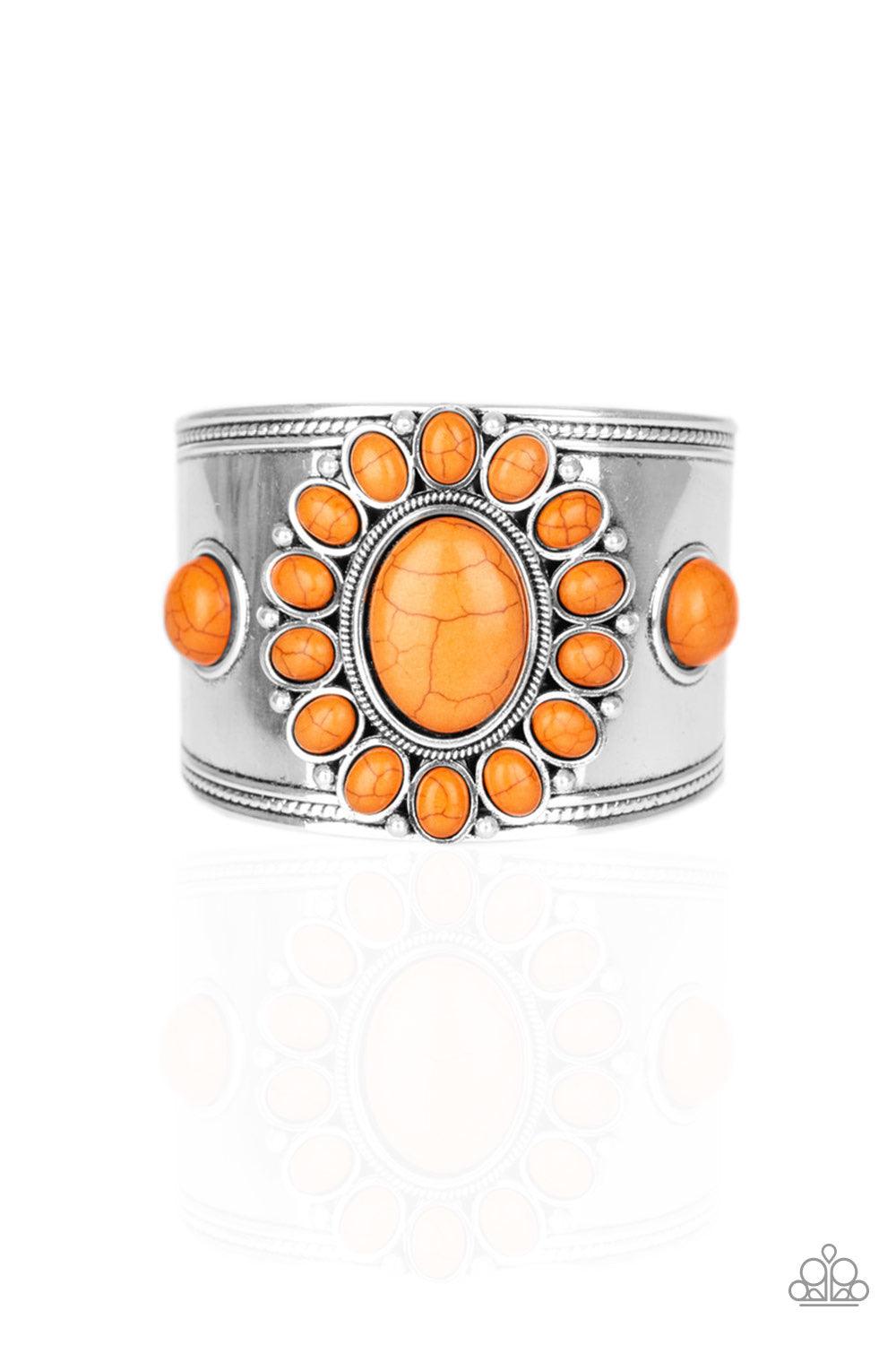 Paparazzi Accessories Room to Roam ~Orange Refreshing orange stones are pressed into the center of a thick silver cuff, creating a dramatic floral frame atop the wrist.