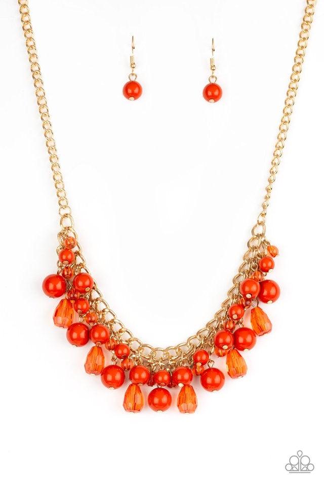 Paparazzi Accessories Tour De Trendsetter - Orange Varying in shape, glassy and polished orange beads swing from the bottom of interlocking gold chains. Crystal-like teardrops are sprinkled along the colorful beading, creating a flirtatious fringe below t
