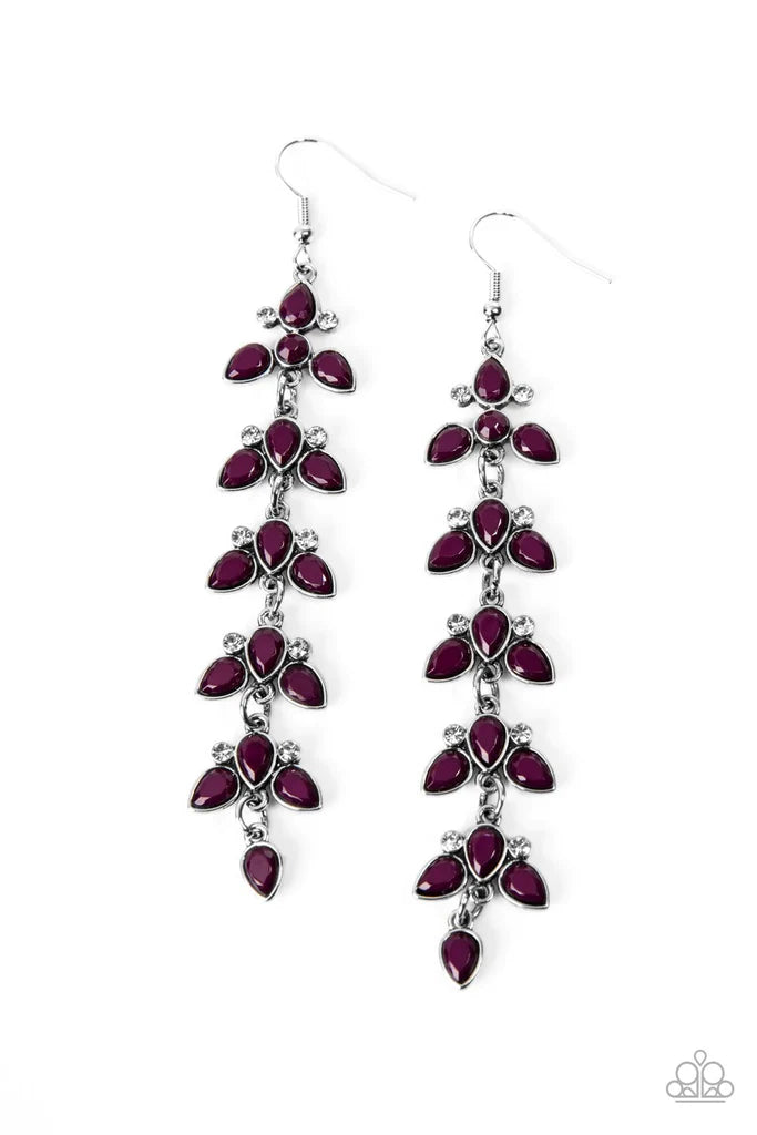 Paparazzi Accessories Fanciful Foliage - Purple Infused with pairs of dainty white rhinestones, faceted plum teardrop beads delicately connect into leafy frames that link into an extended lure for an elegant finish. Earring attaches to a standard fishhook