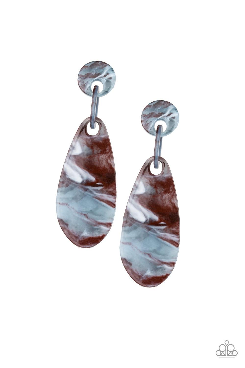 Paparazzi Accessories A HAUTE Commodity - Brown Brushed in a faux marble finish, smoldering acrylic frames attach into a retro lure. Earring attaches to a standard post fitting. Jewelry