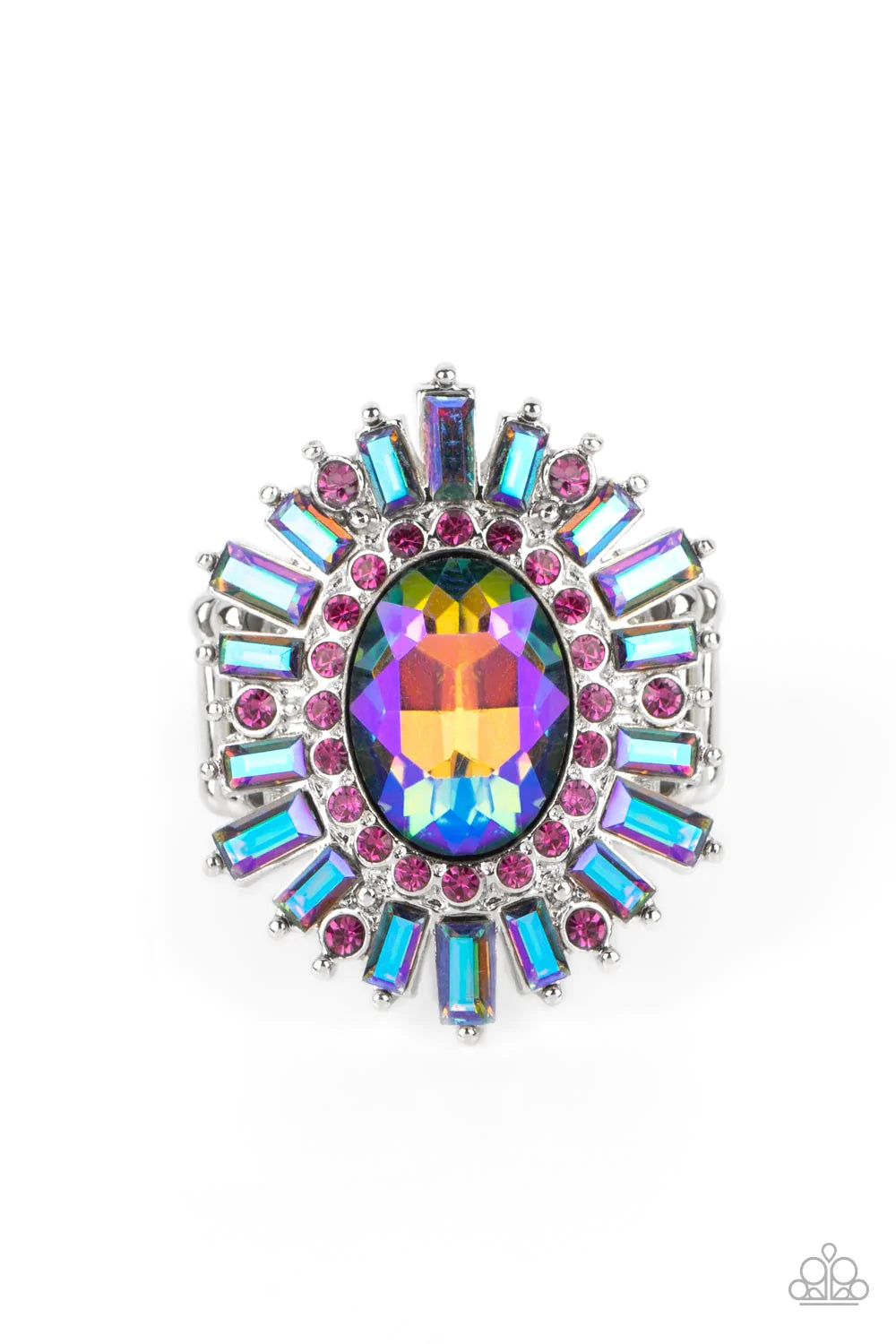 Paparazzi Accessories Astral Attitude - Pink A large blue iridescent rhinestone sparkles inside a ring of dainty fuchsia rhinestones. Emerald cut blue iridescent and fuchsia rhinestones fan out from the dazzling center, exploding into a stellar centerpiec