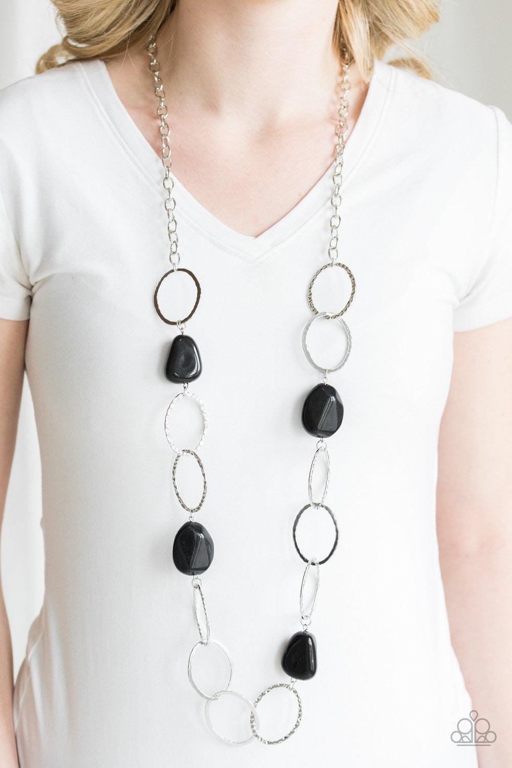 Paparazzi Accessories Modern Day Malibu - Black Featuring a faux rock finish, faceted black beads join hammered silver hoops across the chest for a seasonal look. Features an adjustable clasp closure. Jewelry
