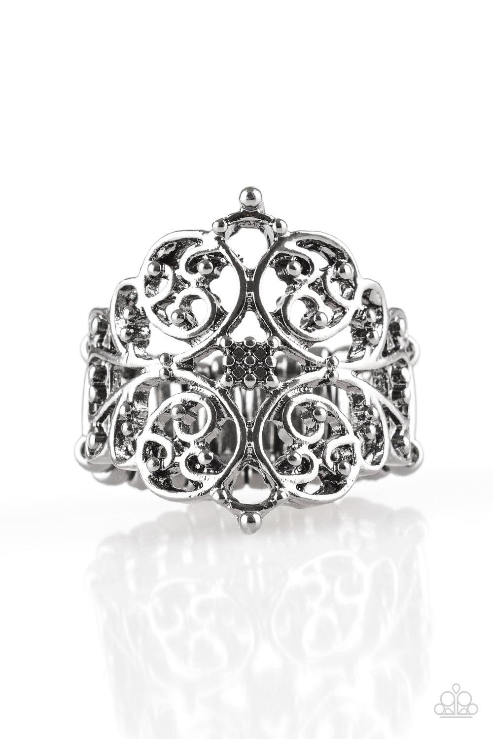 Paparazzi Accessories Victorian Valor - Black Brushed in a glistening finish, shimmery gunmetal filigree vines curl across the finger, coalescing into an airy frame for a vintage-inspired look. Features a stretchy band for a flexible fit. Sold as one indi