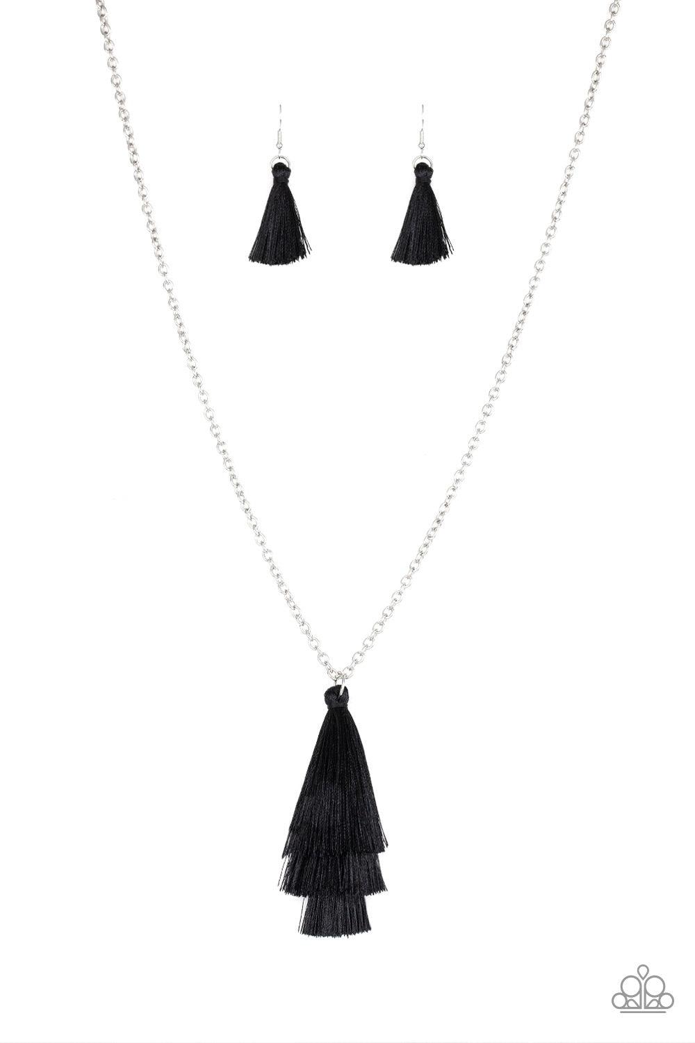 Paparazzi Accessories Triple The Tassel - Black Featuring shimmery black thread, a 3-tiered tassel swings from the bottom of a lengthened silver chain for a colorful, wanderlust vibe. Features an adjustable clasp closure. Jewelry