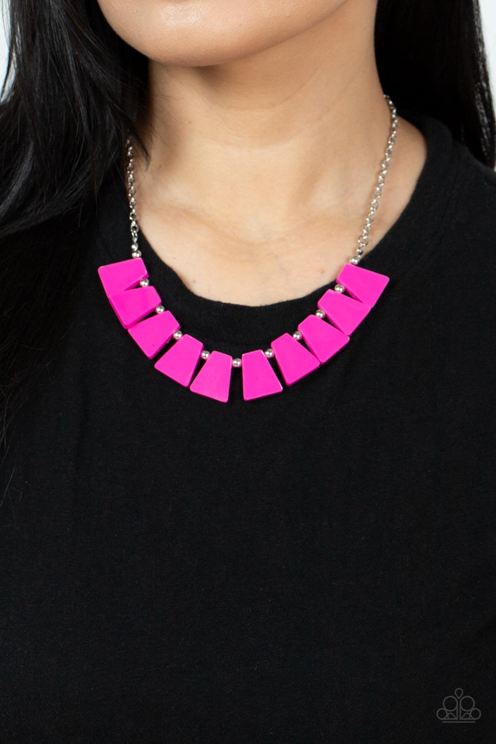 Paparazzi Accessories Vivaciously Versatile - Pink Flared Fuchsia Fedora acrylic frames alternate with dainty silver beads along an invisible wire below the collar, creating a flamboyant fringe. Features an adjustable clasp closure. Sold as one individual