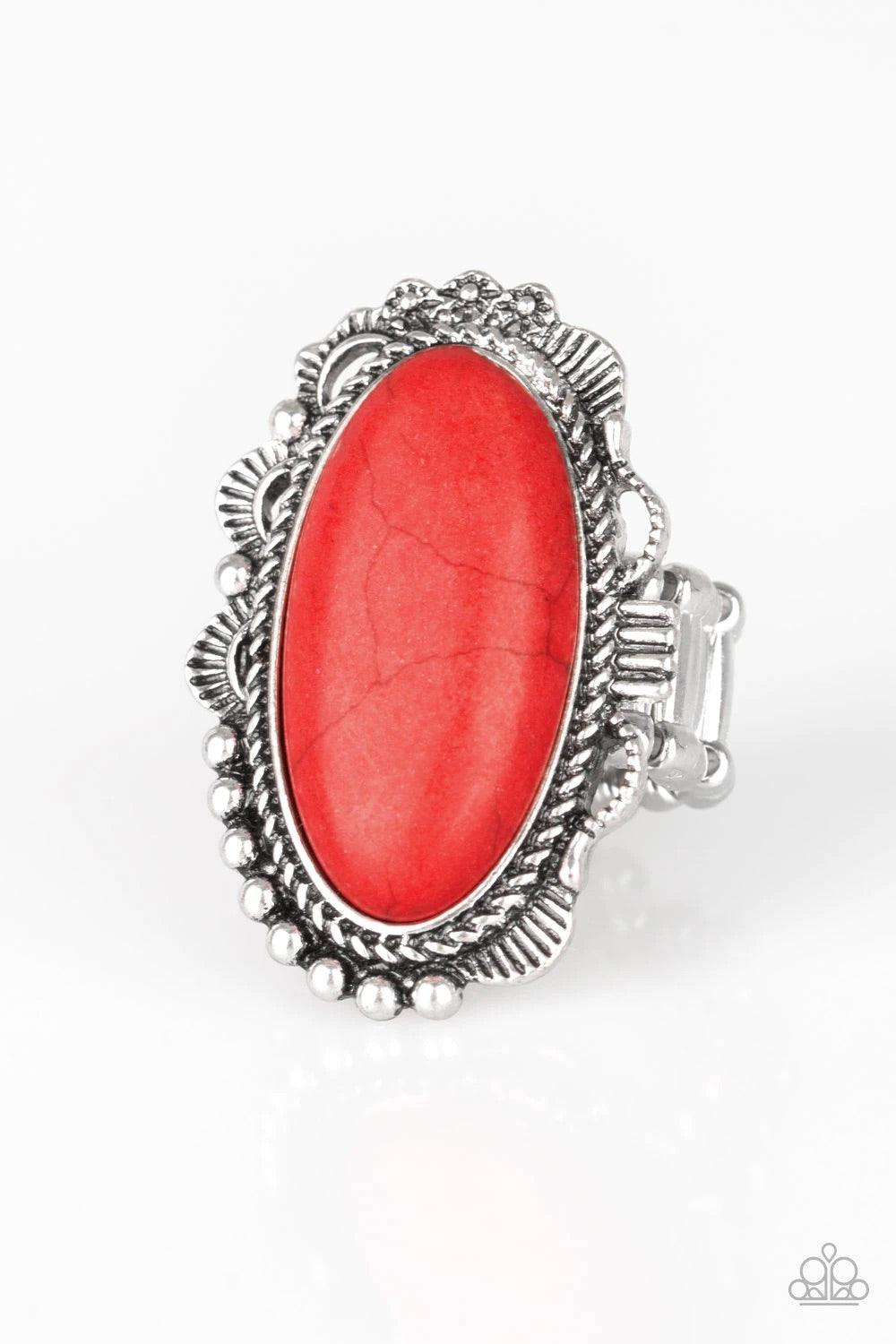 Paparazzi Accessories Open Range - Red A fiery red stone is pressed into an ornate silver frame rippling with studded and serrated textures for a seasonal flair. Features a stretchy band for a flexible fit. Sold as one individual ring. Jewelry