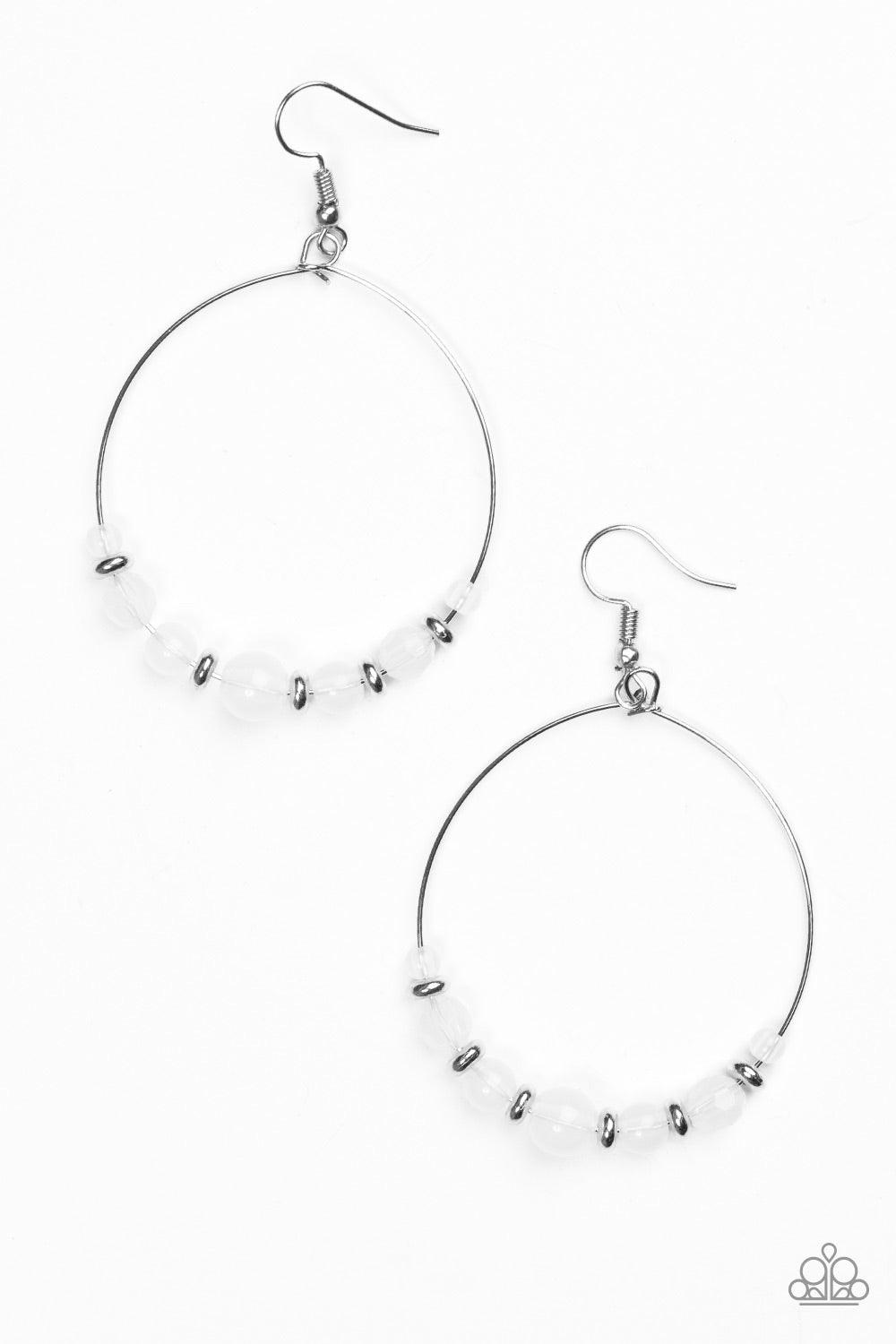 Paparazzi Accessories Going For GLOW - White Featuring an opaque finish, faceted and smooth white beads join shimmery silver accents along a silver hoop for a whimsical look. Earring attaches to a standard fishhook fitting. Jewelry