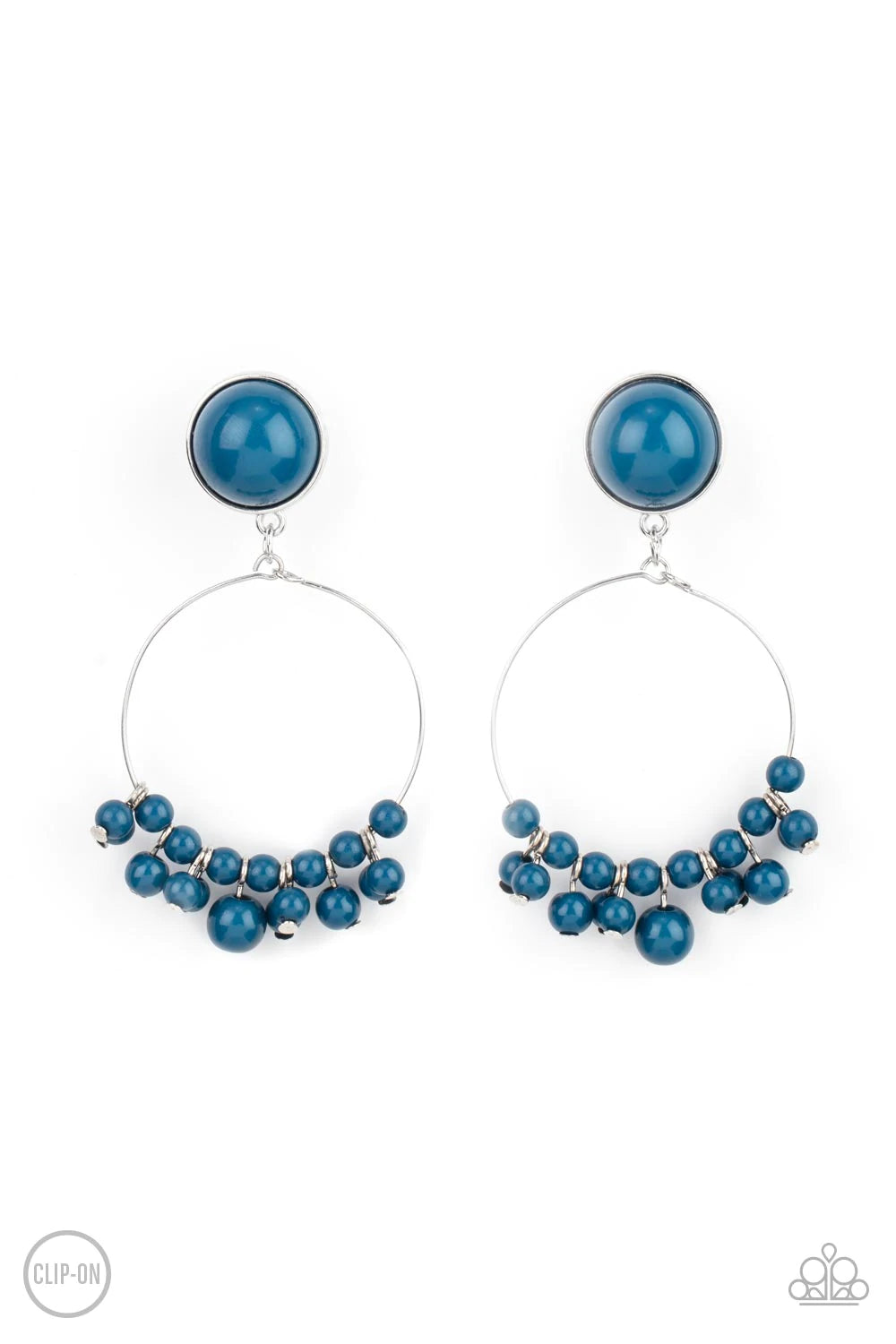 Paparazzi Accessories Cabaret Charm - Blue Shiny blue beads are threaded along a dainty wire hoop that attaches to an oversized blue beaded fitting, creating a bubbly fringe. Earring attaches to a standard clip-on fitting. Sold as one pair of clip-on earr