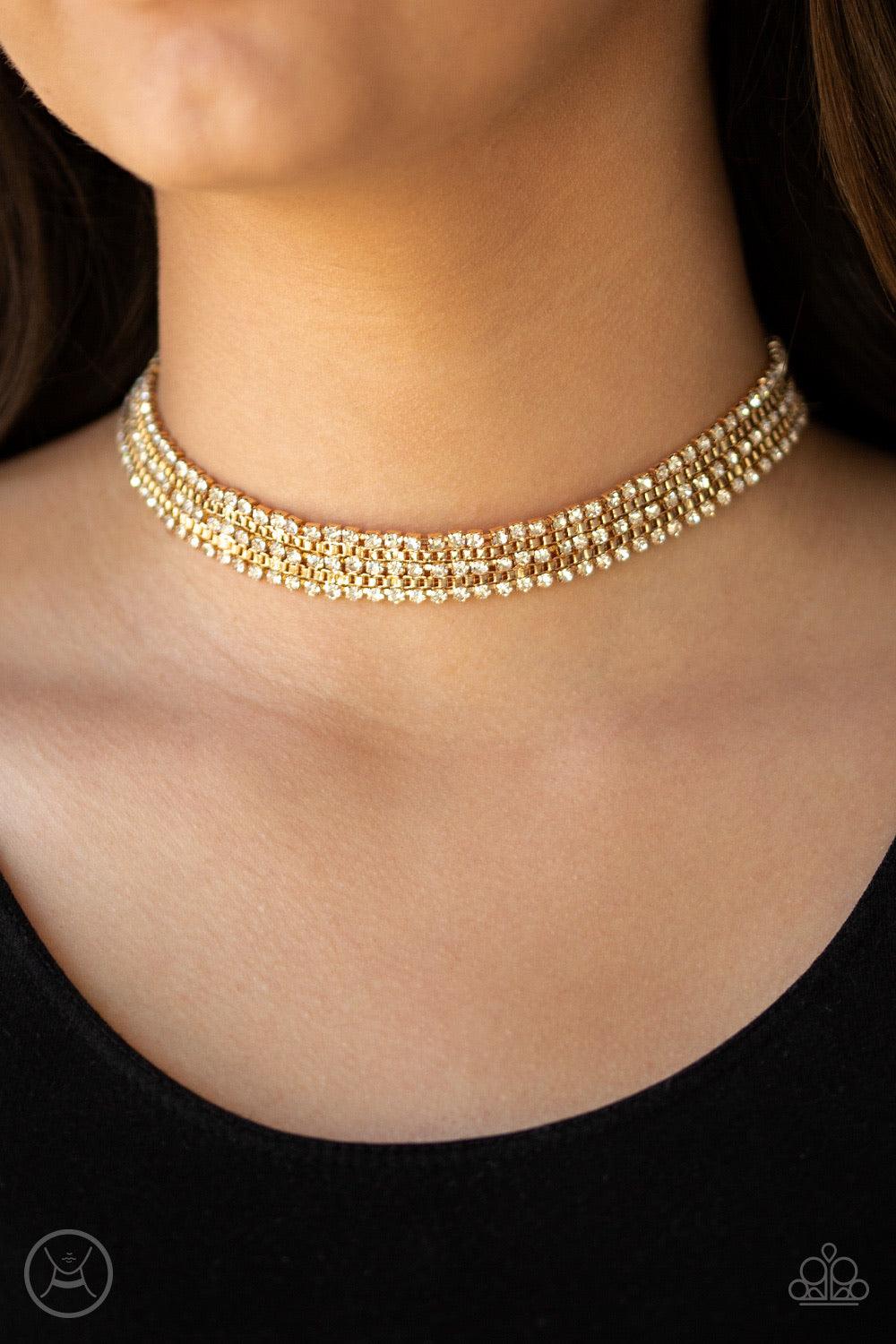 Paparazzi Accessories Full REIGN - Gold Featuring sleek square fittings, strands of glittery white rhinestones connect with rows of gold box chain around the neck for a glittery twist. Features an adjustable clasp closure. Jewelry