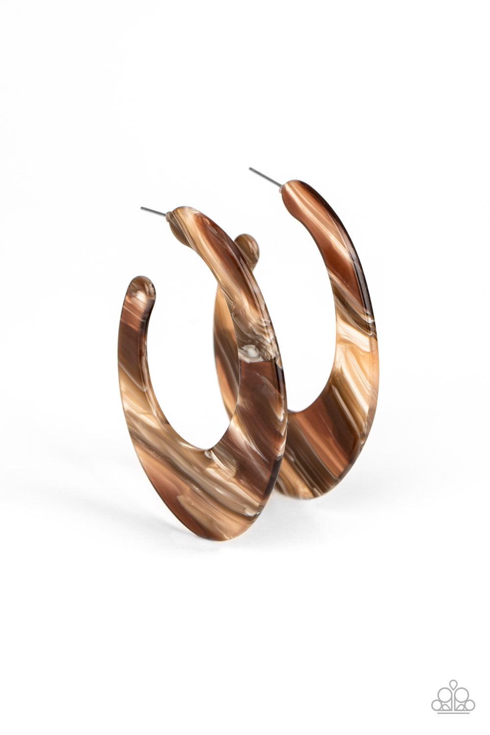 Paparazzi Accessories Retro Renaissance - Brown Lined in brown and white details, a shiny acrylic frame curves into an asymmetrical hoop for a colorfully retro look. Earring attaches to a standard post fitting. Hoop measures approximately 1 1/4" in diamet