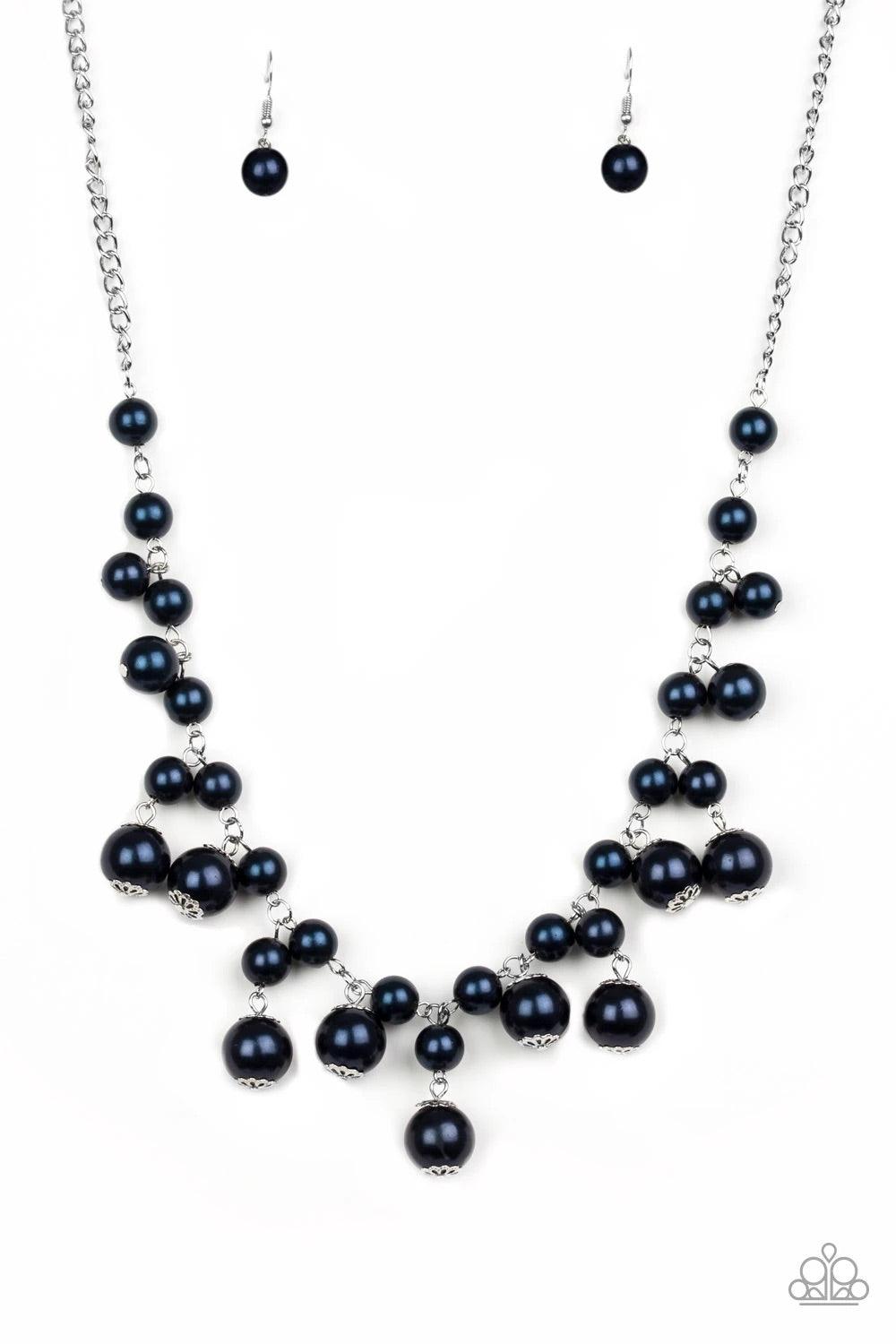 Paparazzi Accessories Soon To Be Mrs. - Blue Varying in size, bubbly blue pearls swing from the bottom of a classic strand of pearls, creating a refined fringe below the collar. Features an adjustable clasp closure. Sold as one individual necklace. Includ