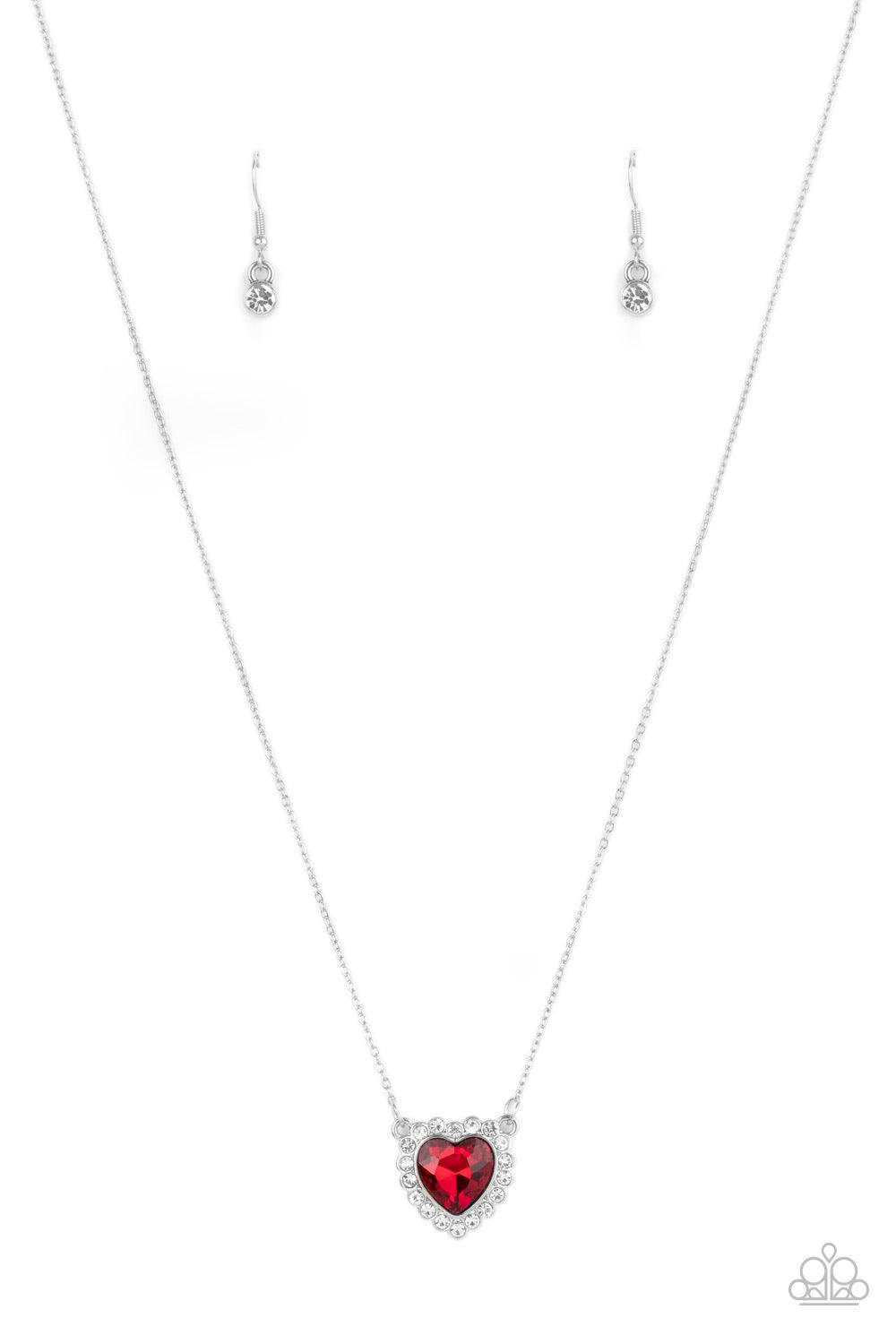 Paparazzi Accessories Out of the GLITTERY-ness of Your Heart - Red Glittery white rhinestones encircle a red heart shaped gem, creating a flirty pendant below the collar. Features an adjustable clasp closure. Sold as one individual necklace. Includes one