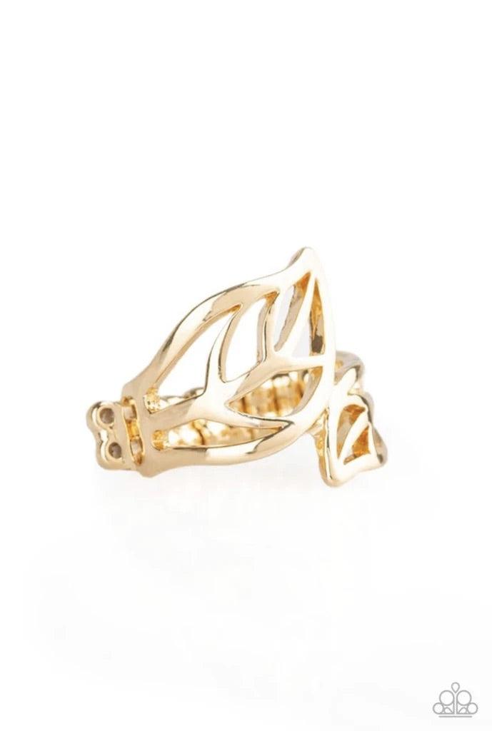 Paparazzi Accessories Leaf It All Behind - Gold Brushed in a high-sheen finish, leafy gold bands curl around the finger in a seasonal fashion. Features a dainty stretchy band for a flexible fit. Sold as one individual ring. Jewelry