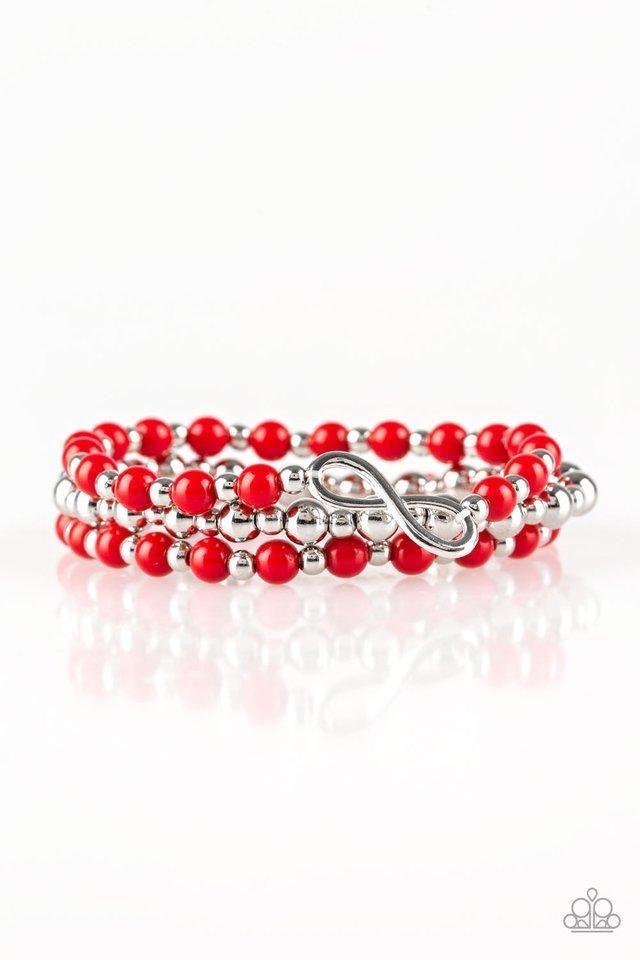 Paparazzi Accessories Immeasurably Infinite - Red Fiery red and shiny silver beads are threaded along stretchy bands, creating colorful layers around the wrist. A dainty silver infinity charm adorns one strand for a whimsical finish. Sold as one set of th