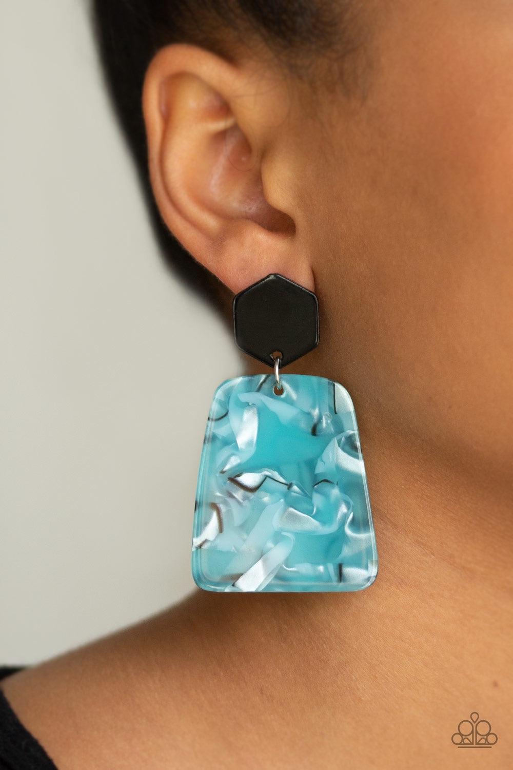 Paparazzi Accessories Majestic Mariner - Blue Featuring a faux-marble finish, a blue acrylic frame swings from the bottom of a black hexagon frame for a retro look. Earring attaches to a standard post fitting. Jewelry