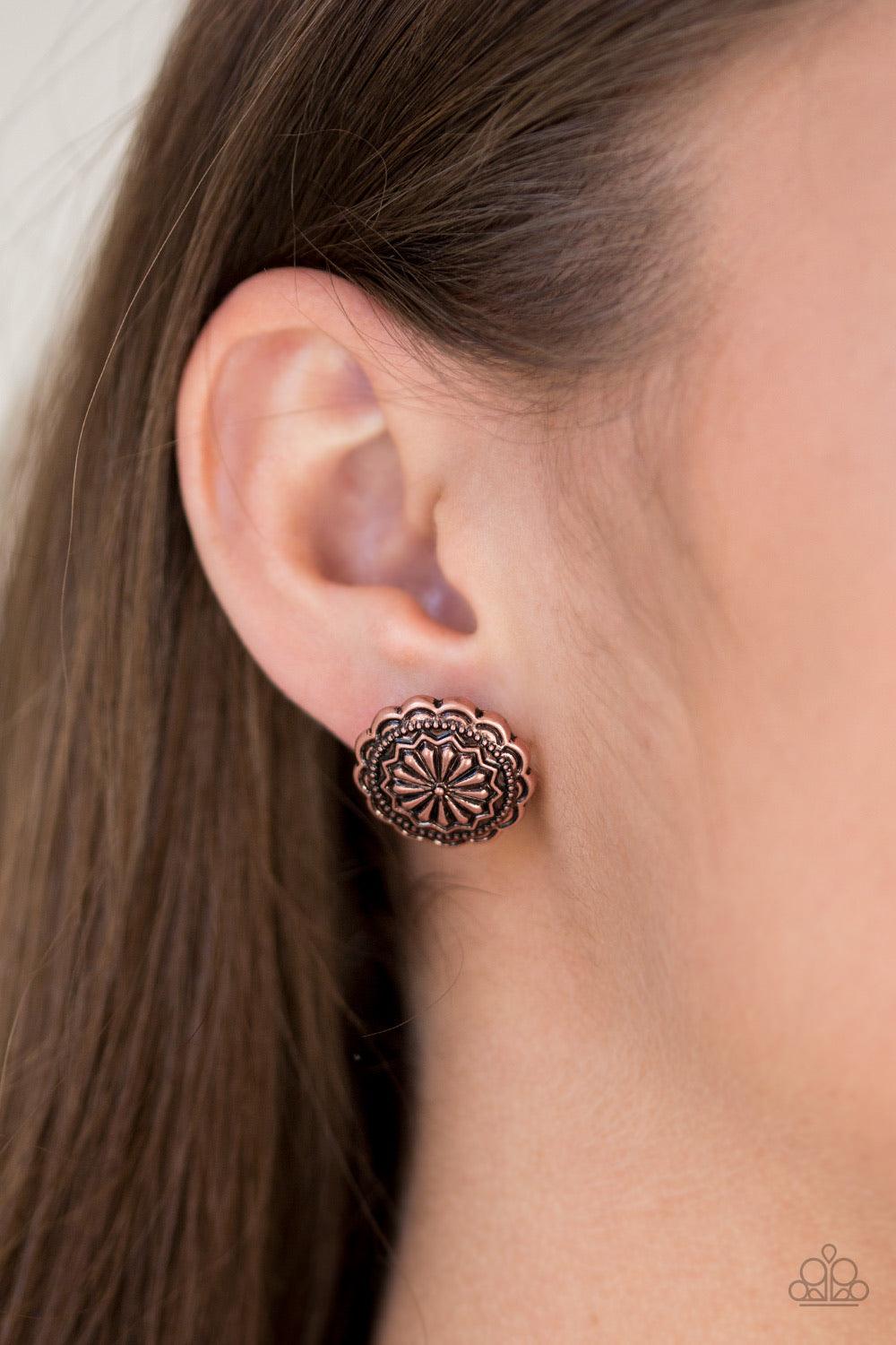Paparazzi Accessories Durango Desert - Copper Embossed in a whimsical floral pattern, a glistening copper frame dots the ear for a seasonal look. Earring attaches to a standard post fitting. Sold as one pair of post earrings. Jewelry