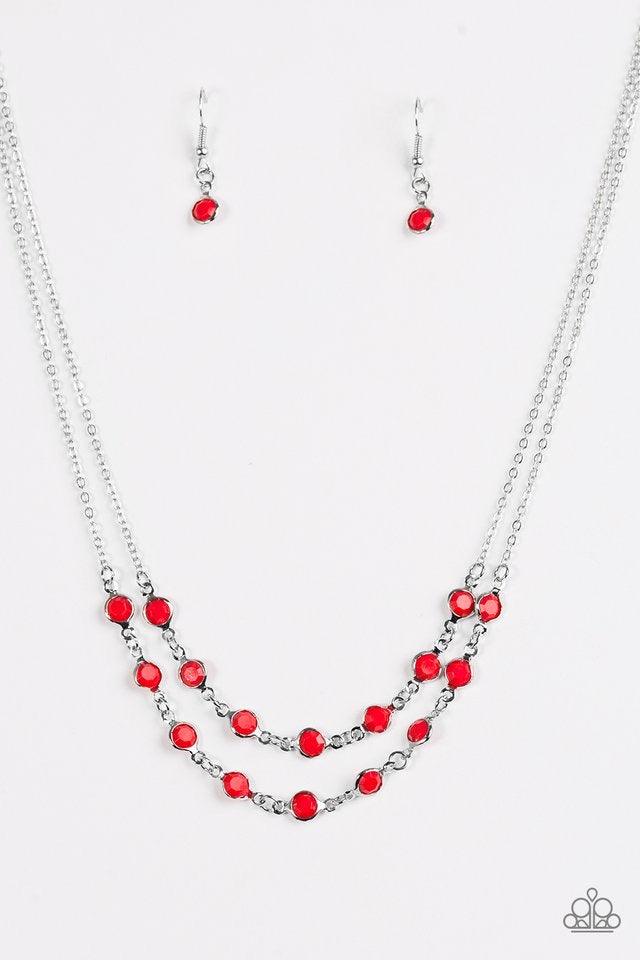 Paparazzi Accessories Summer Girl - Red Faceted red beads are pressed into sleek sliver frames and linked into two colorful layers below the chest for a whimsical look. Features an adjustable clasp closure. Sold as one individual necklace. Includes one pa
