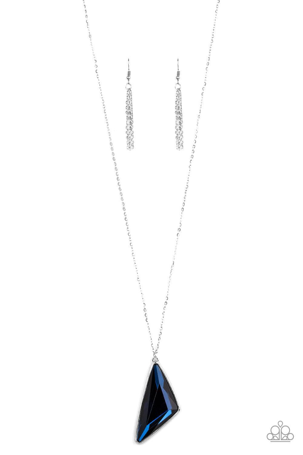Paparazzi Accessories Ultra Sharp ~Blue Cut into a striking triangular shape, a faceted blue gem swings from the bottom of a lengthened silver chain for an edgy-glamorous fashion. Features an adjustable clasp closure.