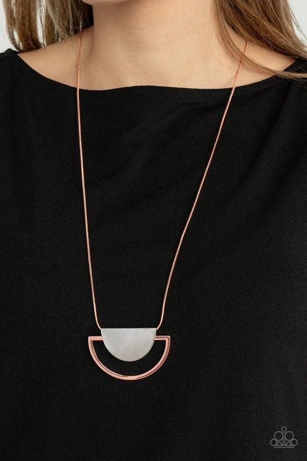 Paparazzi Accessories Lunar Phases - Copper A solid silver halfmoon frame delicately overlaps a shiny copper halfmoon silhouette, creating a classic mixed metal palette at the bottom of a shiny copper snake chain. Features an adjustable clasp closure. Sol