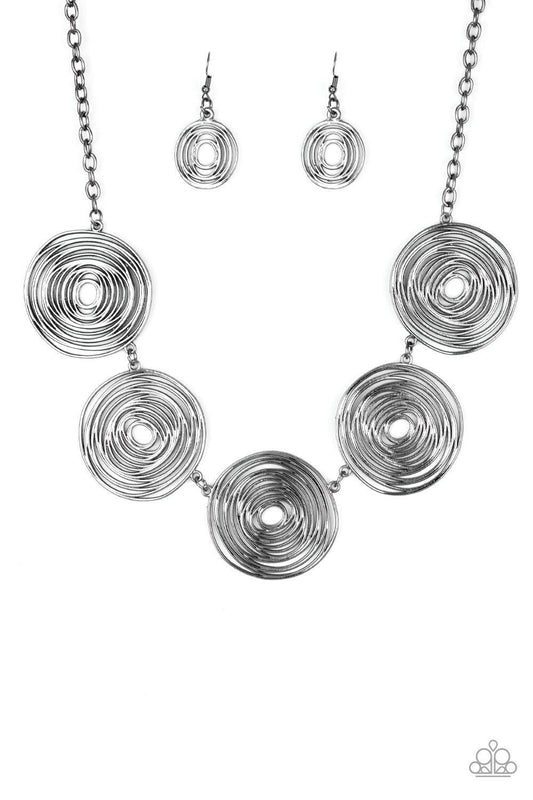 Paparazzi Accessories SOL-Mates - Black Brushed in a high-sheen finish, swirling gunmetal frames link below the collar for a seasonal look. Features an adjustable clasp closure. Jewelry