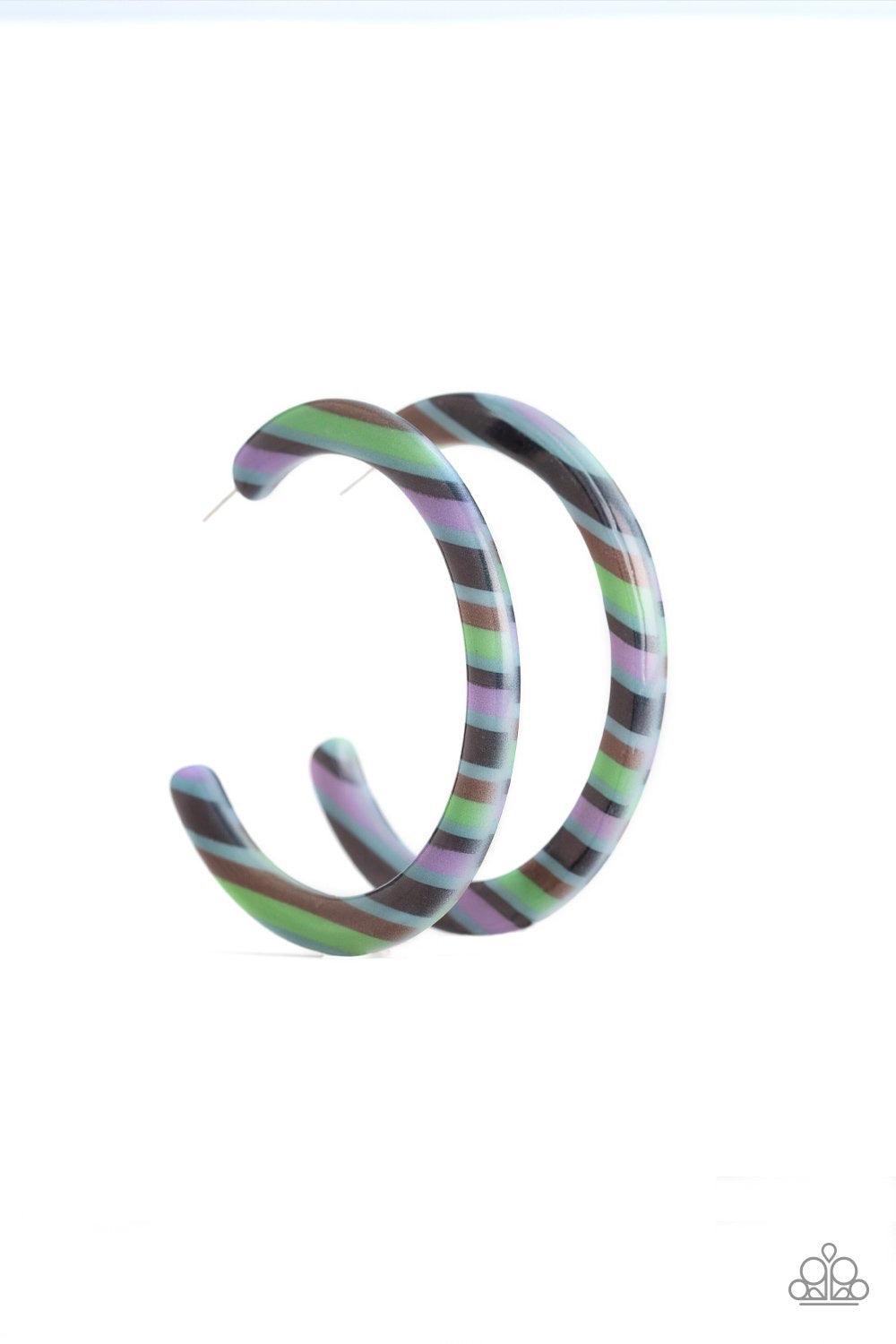 Paparazzi Accessories HAUTE Blooded - Green Streaked with colorful accents, a striped acrylic hoop curls around the ear for a retro look. Earring attaches to a standard post fitting. Hoop measures approximately 2 1/2" in diameter. Sold as one pair of hoop