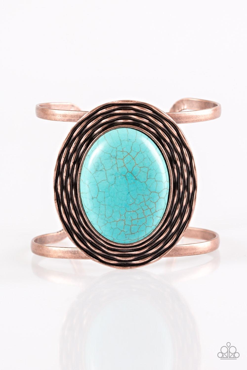 Paparazzi Accessories One For The Rodeo - Copper A refreshing turquoise stone is pressed into a rippling copper frame, creating a bold artisanal centerpiece atop an airy copper cuff. Jewelry