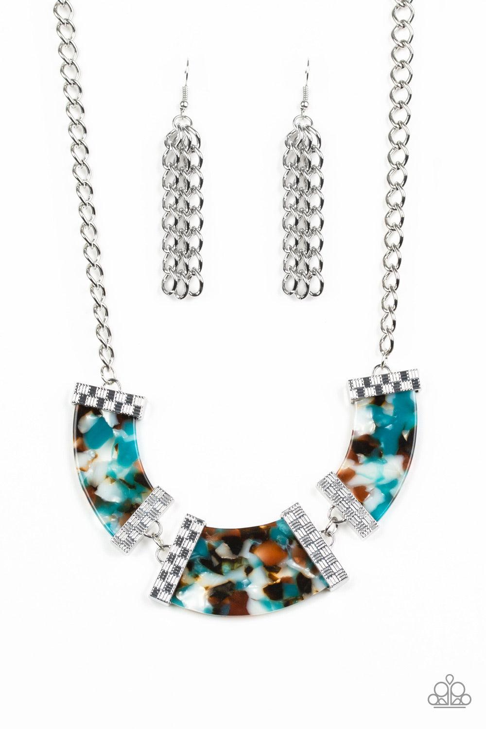 Paparazzi Accessories HAUTE-Blooded - Blue Speckled with color, a trio of blue acrylic frames are nestled inside checker textured silver fittings as they link below the collar for a seasonal flair. Features an adjustable clasp closure. Jewelry