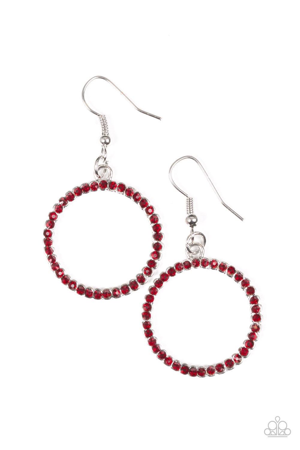 Paparazzi Accessories Champagne CHIC - Red Fiery red rhinestones are encrusted along a shimmery silver hoop, creating a bubbly lure. Earring attaches to a standard fishhook fitting. Jewelry