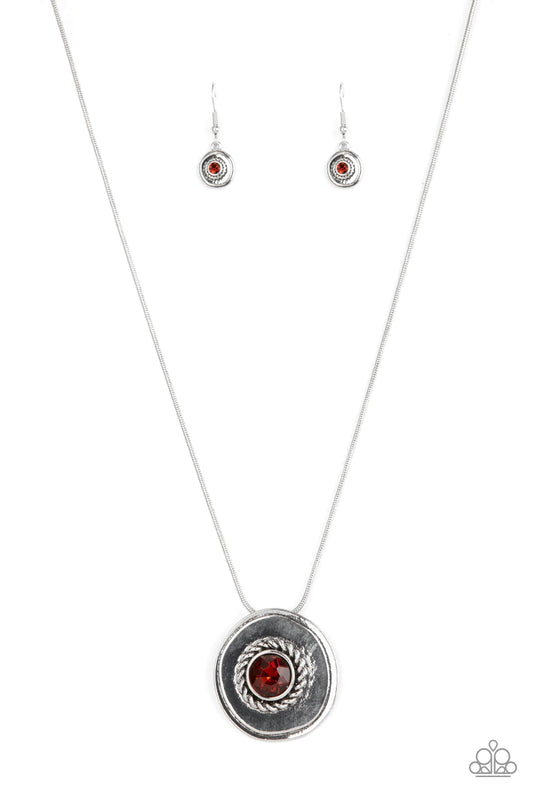 Paparazzi Accessories Make Me MEDALLION-aire - Brown An oversized topaz rhinestone adorns the textured center of an asymmetrical silver disc, creating an edgy medallion at the bottom of a rounded silver snake chain below the collar. Features an adjustable