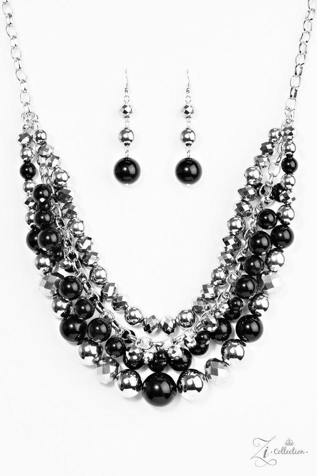 Paparazzi Accessories Fame Featuring polished and shimmery diamond-cut sparkle, row after row of black, silver, and glittery hematite beads join below the collar. Matching beads swing from the centermost strand, adding flirtatious movement to the fierce c