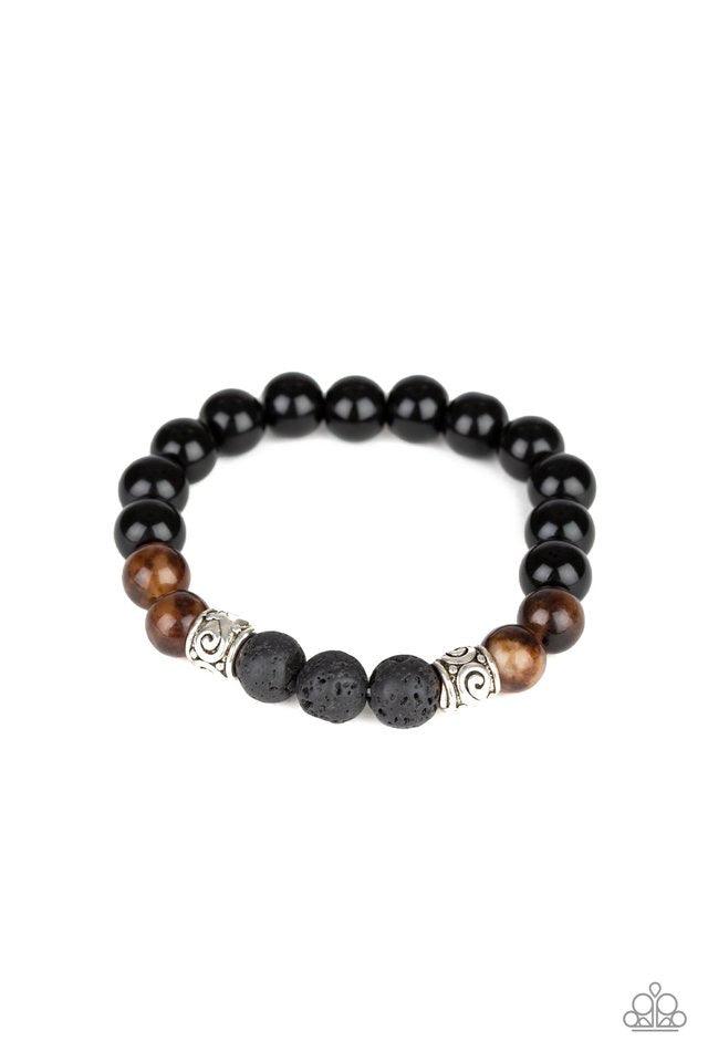 Paparazzi Accessories Mantra - Brown Infused with ornate silver beads, a collection of polished black beads, black lava rock beads, and brown stone beads are threaded along a stretchy band around the wrist for a seasonal look. Jewelry