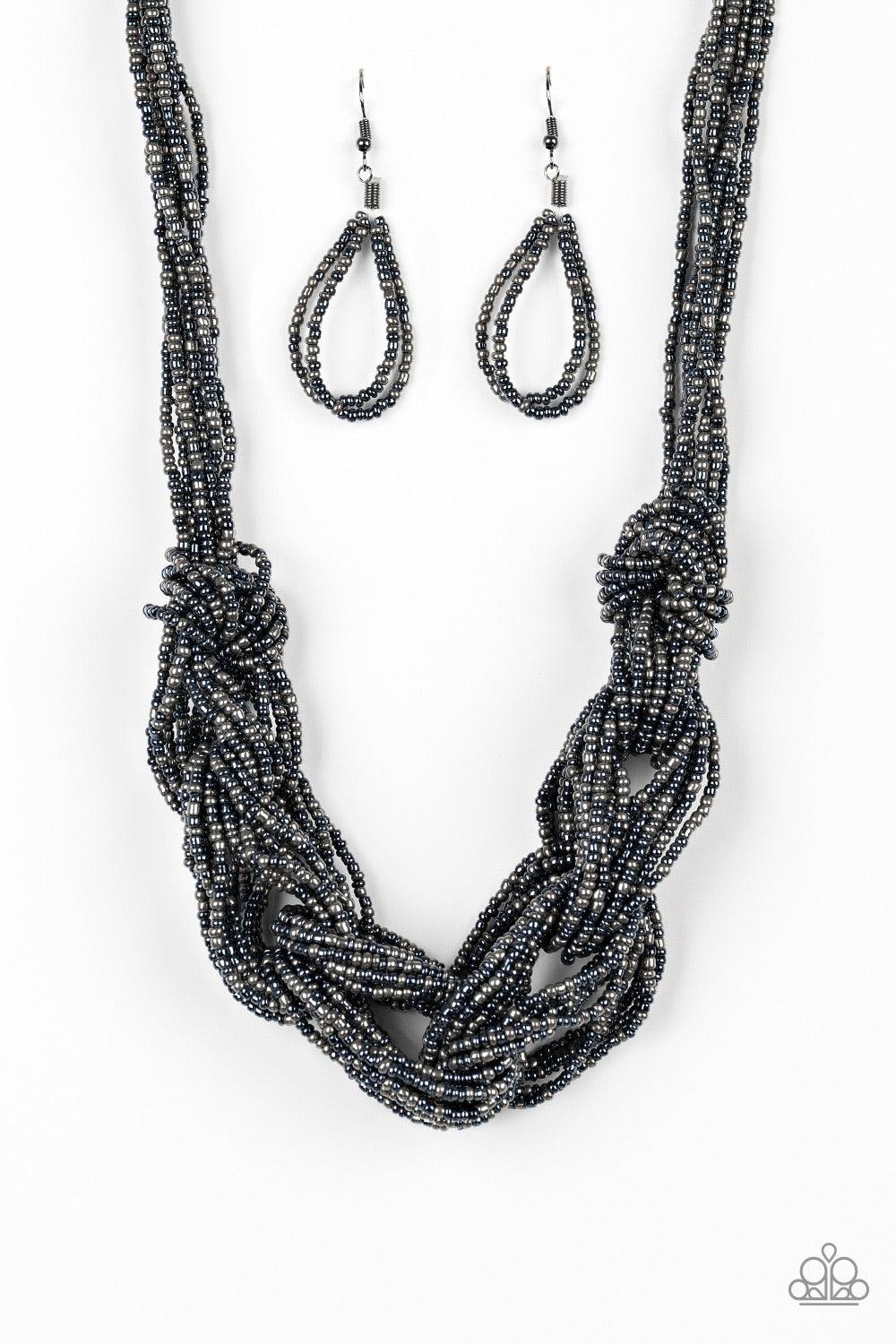 Paparazzi Accessories City Walk - Blue Brushed in a flashy metallic finish, countless strands of blue and gunmetal seed beads weave into a bulky square braid below the collar for a glamorous look. Features an adjustable clasp closure. Sold as one individu