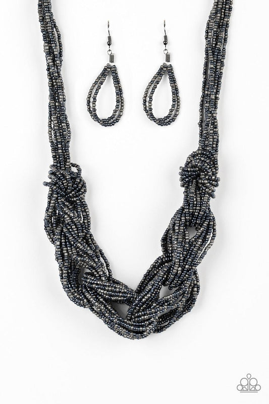 Paparazzi Accessories City Walk - Blue Brushed in a flashy metallic finish, countless strands of blue and gunmetal seed beads weave into a bulky square braid below the collar for a glamorous look. Features an adjustable clasp closure. Sold as one individu