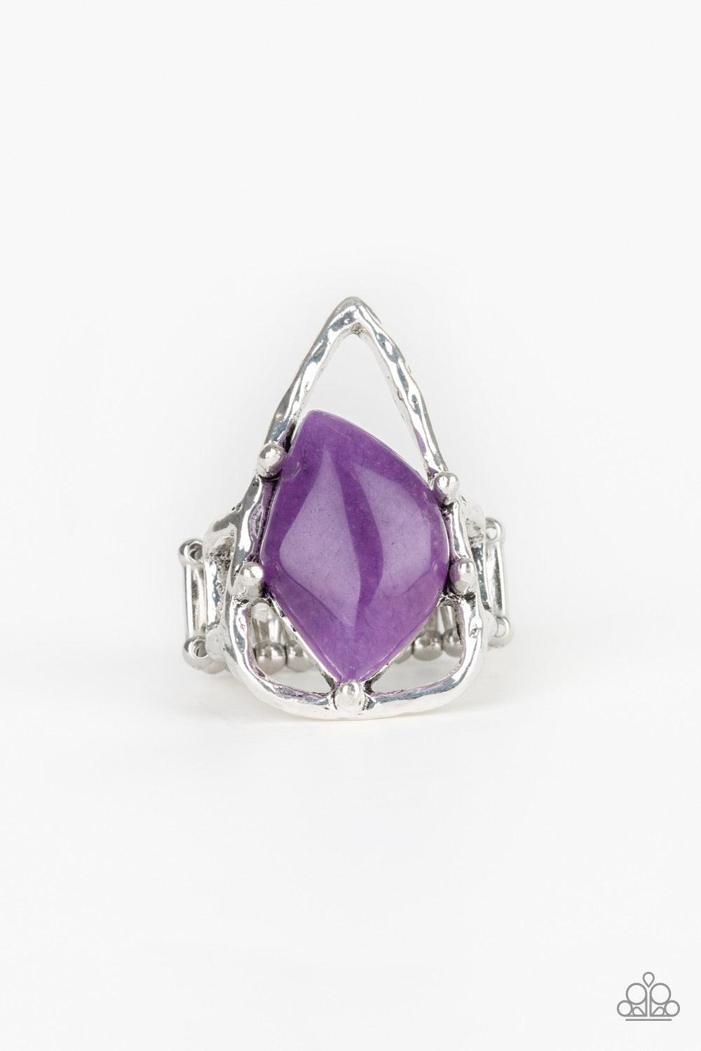 Paparazzi Accessories Get The Point - Purple An abstract purple stone is nestled inside a hammered silver triangle, creating an artisan inspired frame atop the finger. Features a stretchy band for a flexible fit. Jewelry