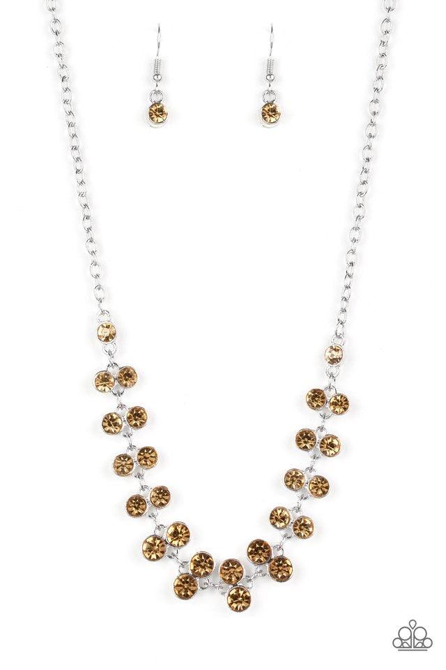 Paparazzi Accessories Super Starstruck - Brown Pairs of golden topaz rhinestones join below the collar for a timeless look. Features an adjustable clasp closure. Jewelry