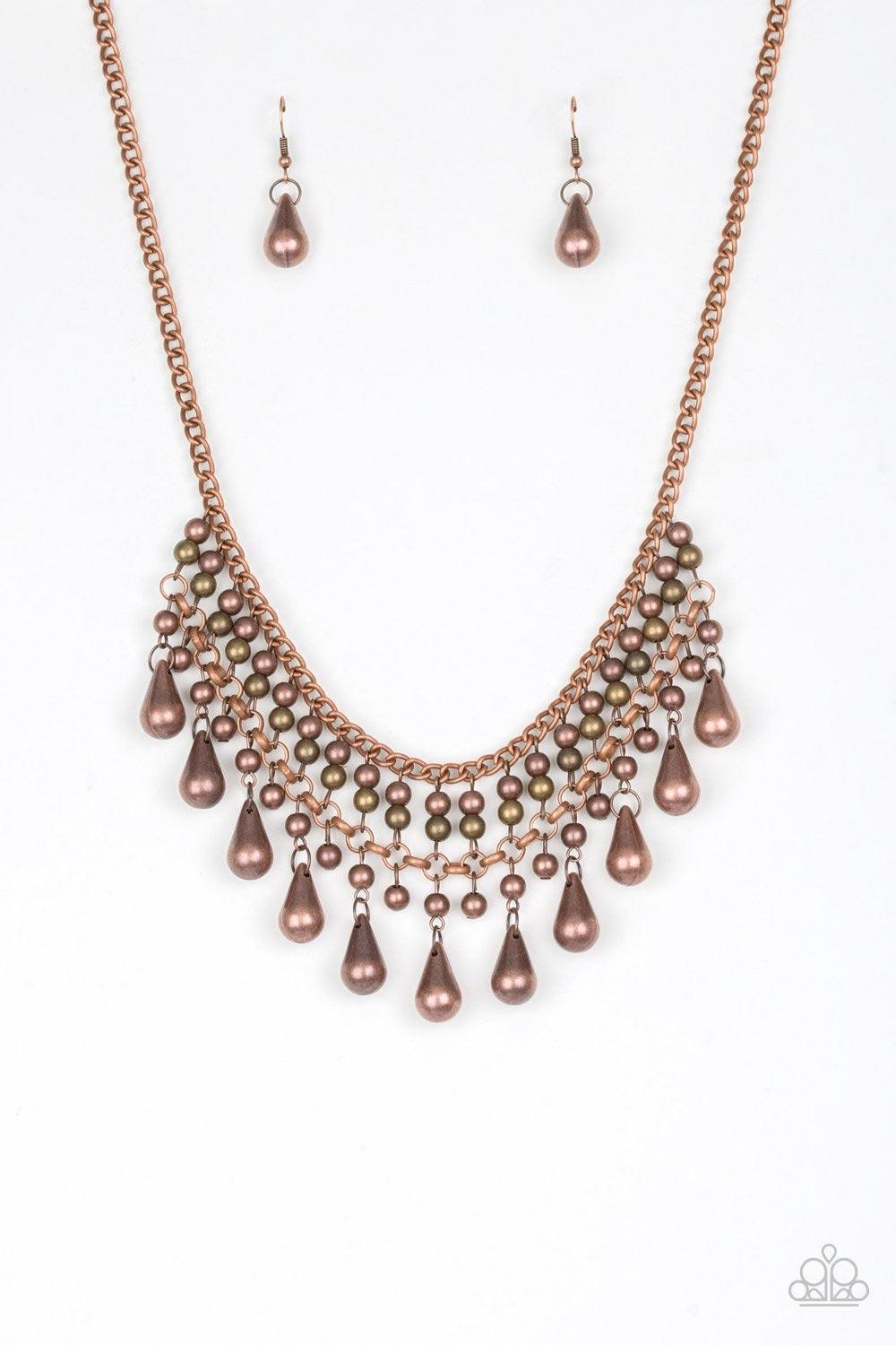 Paparazzi Accessories Don’t Forget To BOSS! - Copper Threaded along metallic rods, stacked copper beads give way to shimmery copper teardrops. The edgy fringe flawlessly drapes beneath the collar, creating a sassy tapered fringe. Features an adjustable cl