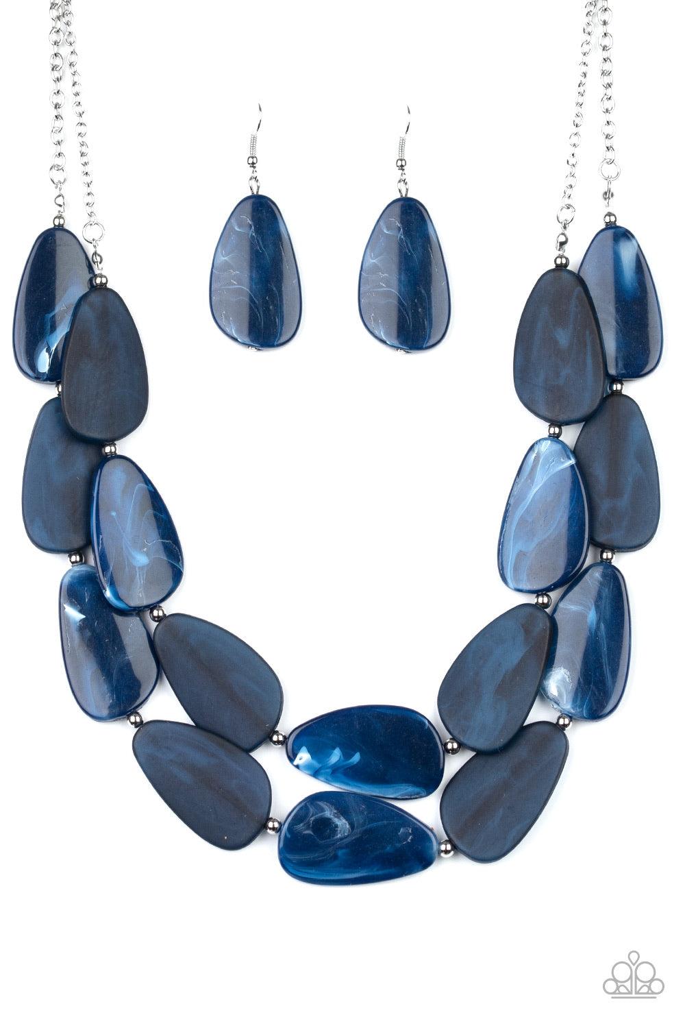 Paparazzi Accessories Colorfully Calming - Blue Featuring a faux marble finish, asymmetrical blue teardrops and dainty silver beads are threaded along invisible wires, creating two serene layers below the collar. Features an adjustable clasp closure. Jewe